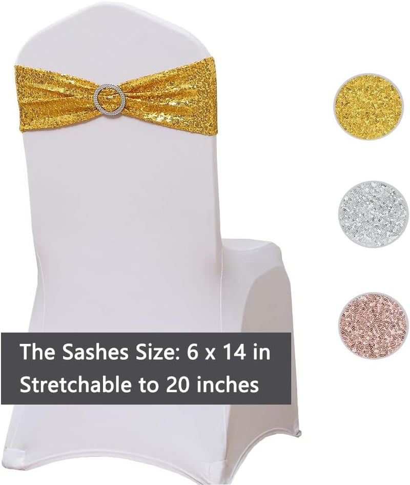 SINSSOWL Pack of 100 Spandex Sequin Gold Chair Sashes for Wedding Chair Sashes for Party Fiesta Baby Shower Decor Chairs Bands - Sequins Gold Sash for Chairs - Image 4